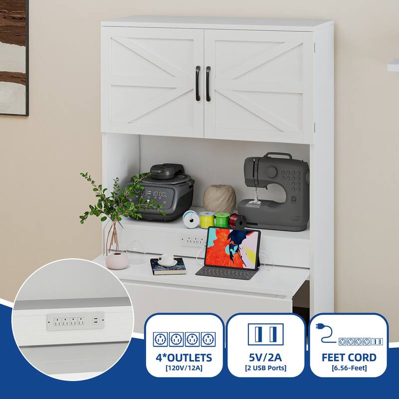 Moasis Expandable Crafting Table with Storage, Artwork Sewing Table with Cabinet and Magnetic Doors & Power Outlets