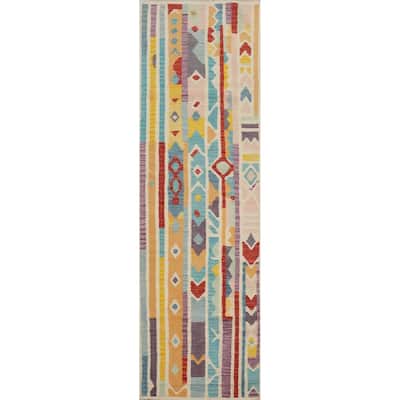 Hand Woven Oriental 100% Wool Carpet Southwestern Tribal Multi-Colored Kilim Runner Rug - 12' 0'' X 2' 8''