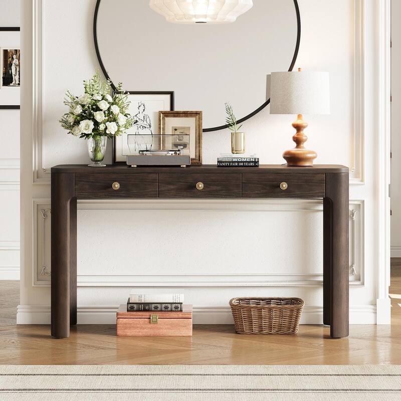 Rustic Console Table with Curved Corners for Safety - Entryway Table with 3 Concealed Drawers
