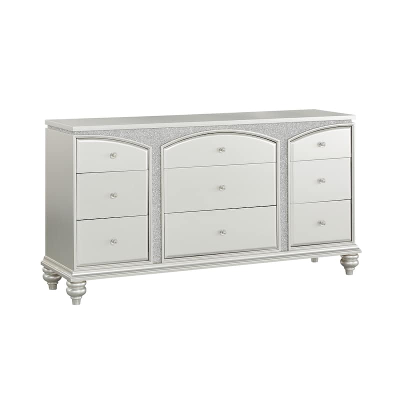 Modern Style 9 Drawer Wooden Dresser with Rhinestone Inlays, Silver - N/A