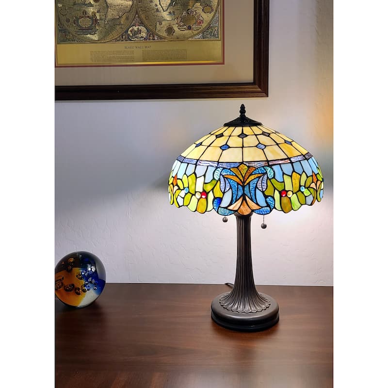 HomeRoots 23" Stained Glass Two Light Jeweled Floral Accent Table Lamp - 21 x 23 x 12
