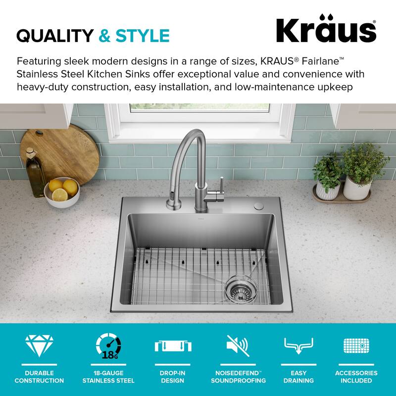 KRAUS Fairlane Drop In Top Mount 18 Gauge Stainless Steel Kitchen Sink
