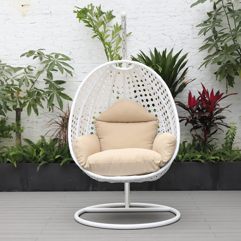 Patio Hanging Egg Swing Chair with White Wicker Shell and Iron Frame for Indoor Outdoor Patio Porch Garden Backyard