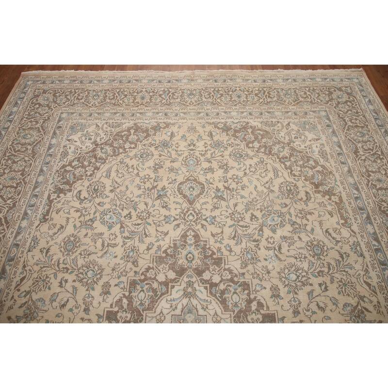 Hand Knotted Oriental 100% Wool Carpet Traditional Floral Beige & Ivories Mashad Area Rug - 11' 1'' X 8' 1''