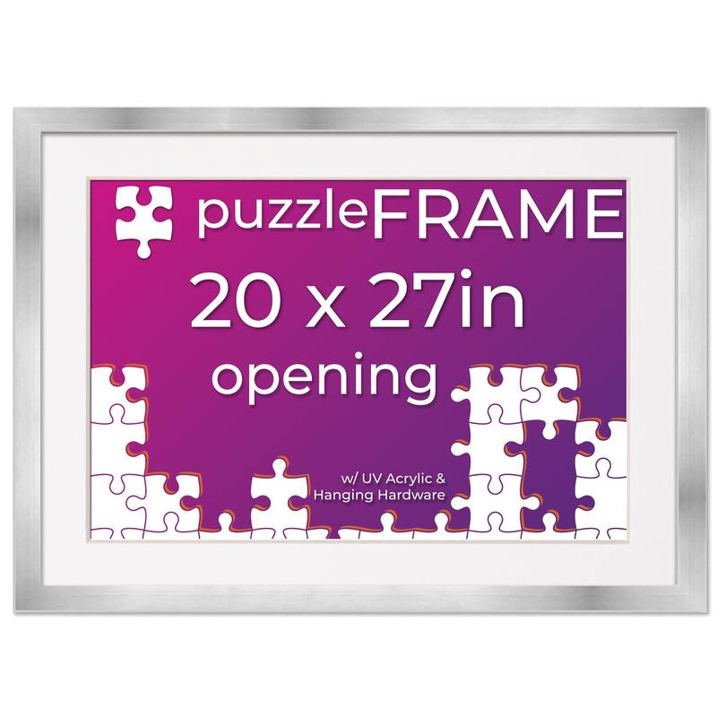 20x27 Jigsaw Puzzle Frame Kit - Kit Includes Puzzle Glue Sheets, Silver Wood Puzzle Frame with White Mat