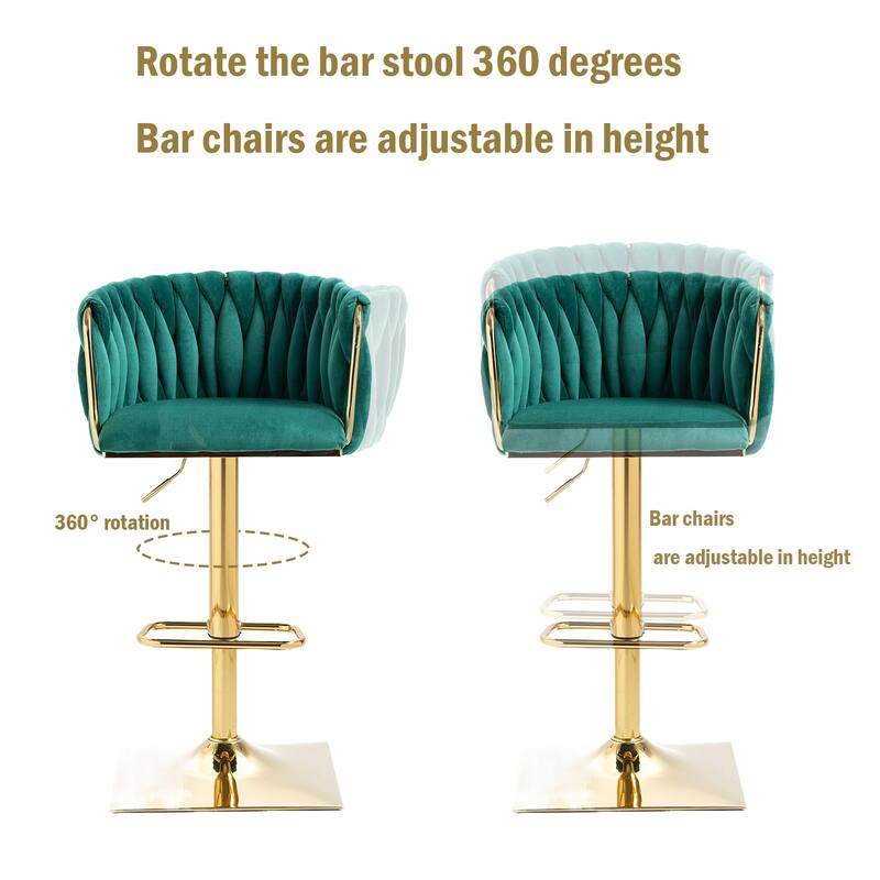 Vintage Velvet Bar Stools with Back and Footrest 2PC/SET,Adjusatble Seat Height from 25.6-32.68 Inch