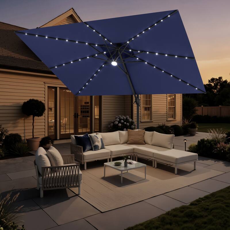 12 x 9 FT Outdoor Patio Cantilever Umbrella with Solar Lights Double Canopy 360 Rotation Tilt