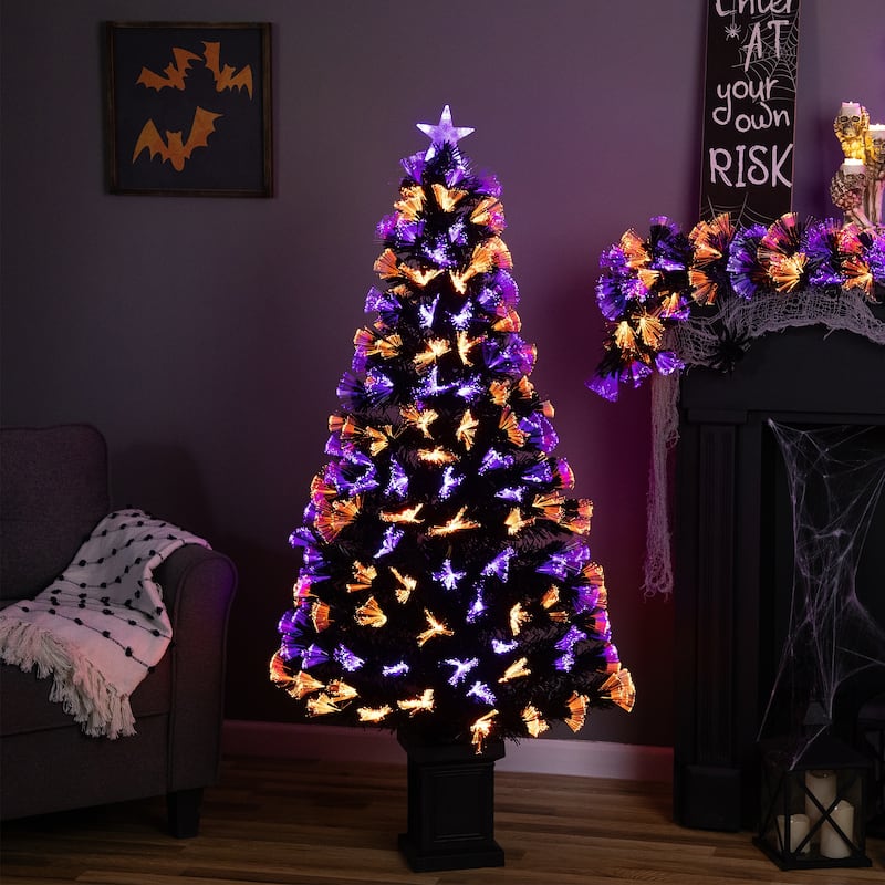 8-Function Fiber Optic Artificial Pine Potted Halloween Tree - 5' - Black - Orange and Purple LED - 3-to-6-feet