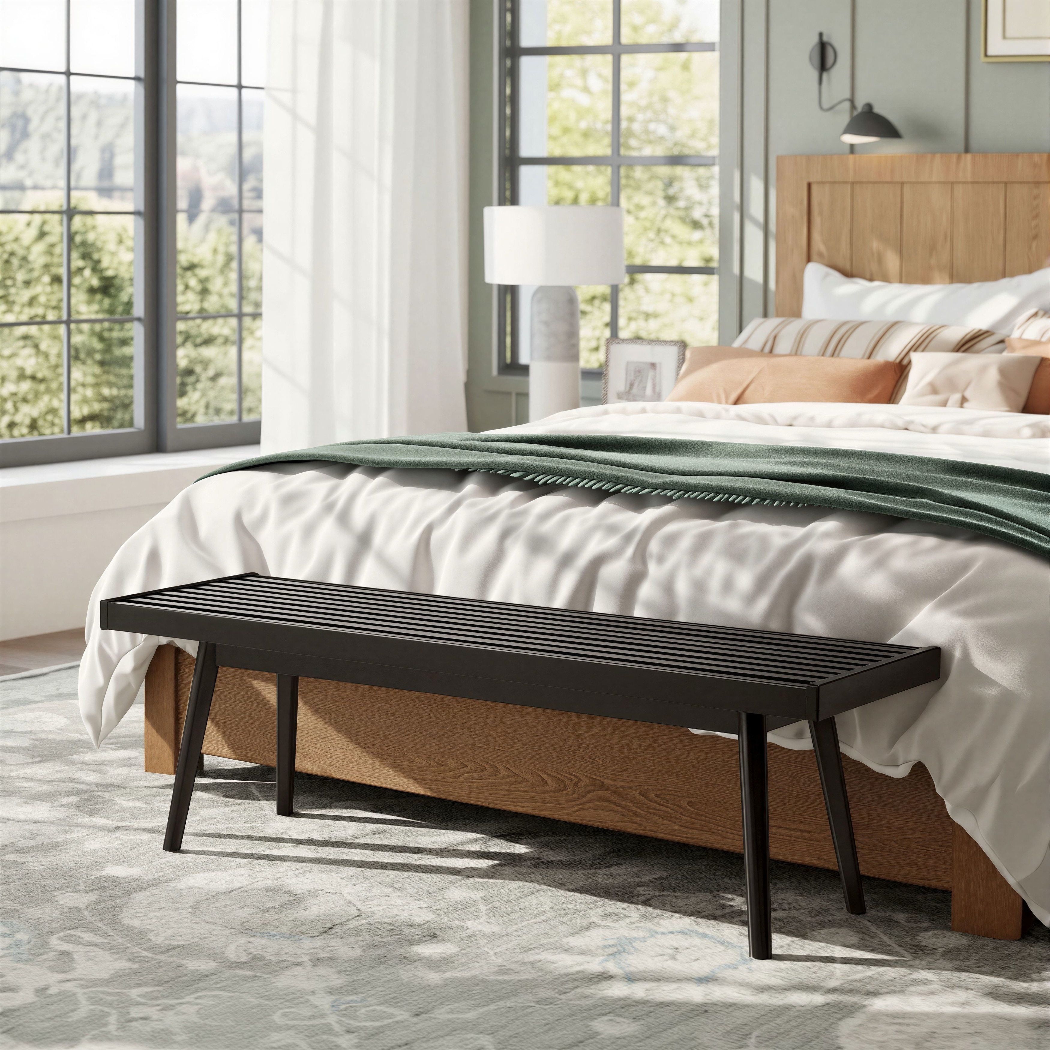 Roundhill Furniture Larwich Solid Wood Slatted Bench, 56.30-Inch Long - 56.30W x 16.50D x 17.50H