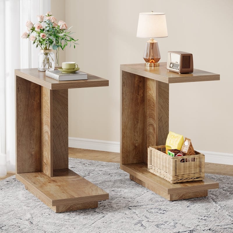C-shaped Side Table Set Of 2, 2-tier Narrow End Table Wood Nightstand - Light Wood Brown