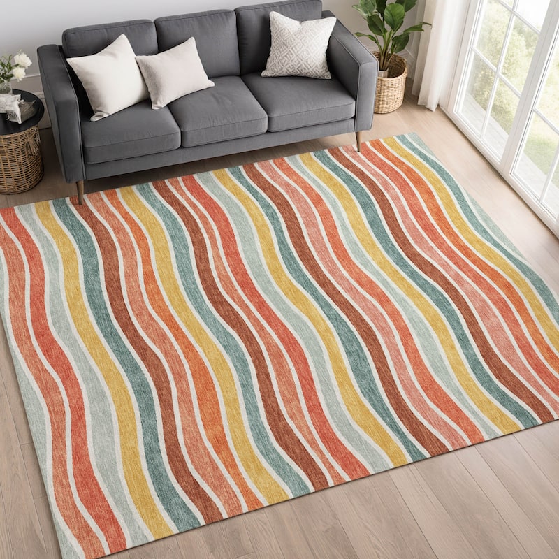 Machine Washable Indoor/ Outdoor Contemporary Stripe Chantille Rug