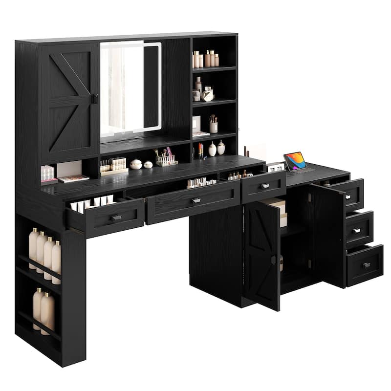 Moasis 47.5"W Farmhouse Makeup Vanity Desk with Mirror and Lights.Dressing Table with 6 Drawers&Power Outlets