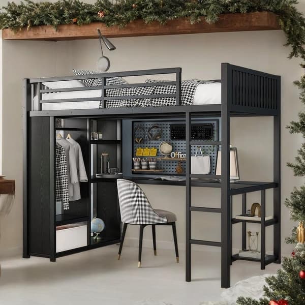 slide 2 of 39, TwinXL/FullXL/Queen Size Loft Bed Frame with Built-in Wardrobe Twin XL