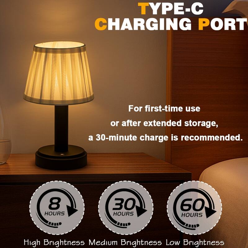 Modern Type-C Rechargeable LED Table Lamp Dimmable Touch Control with Fabric Shade For Bedroom Living Room - W6''