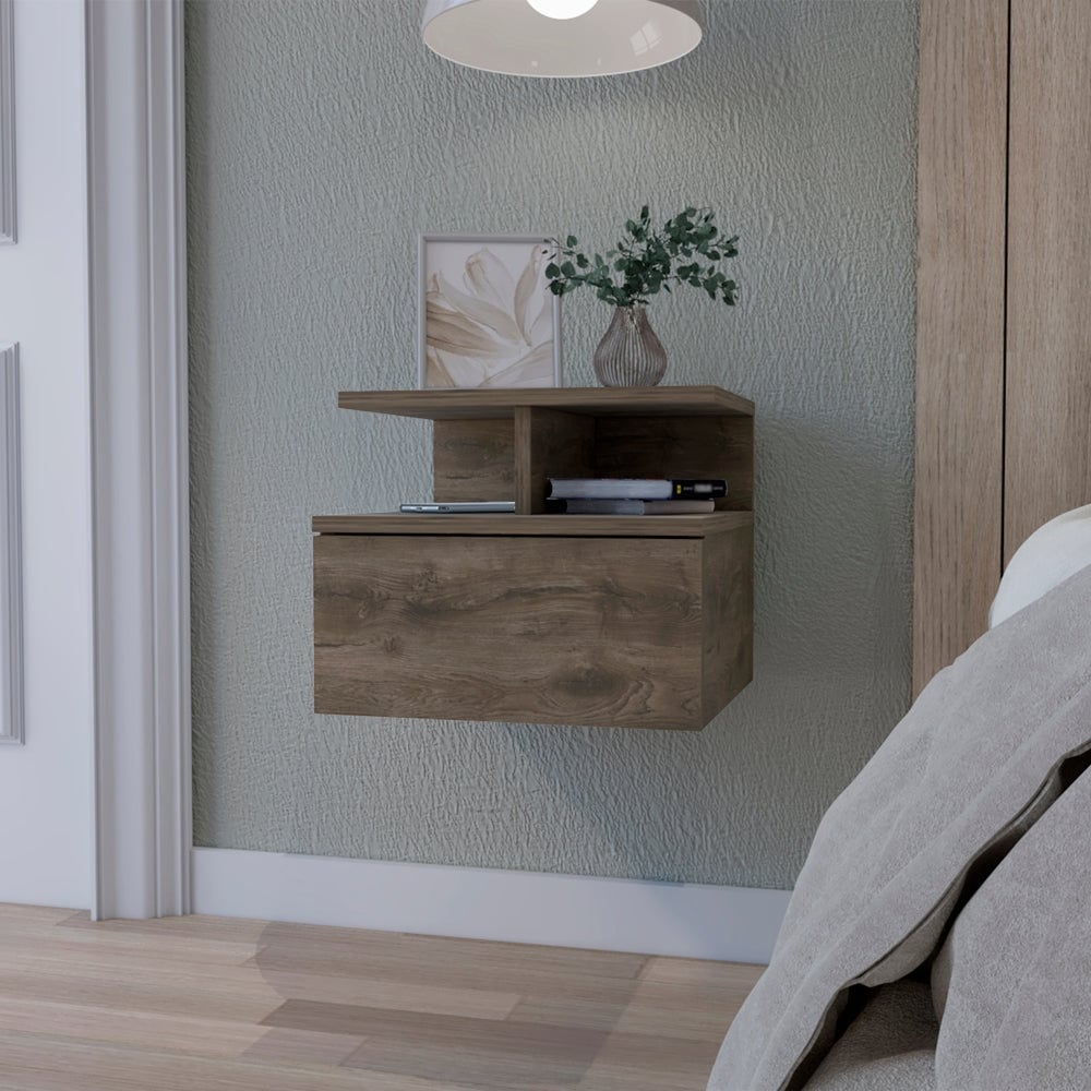 2-Tier Floating Nightstand with Wall-Mounting and Ample Storage - Walnut