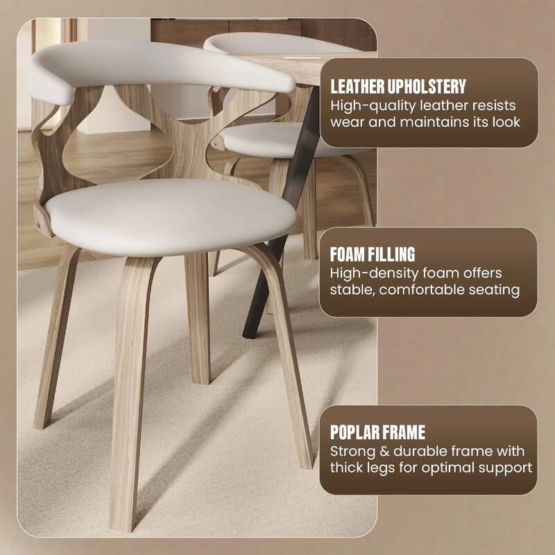 Klyne Leather Dining Chair with Poplar Wood Frame - Mid-Century Wooden Accent Chair with Swivel Base Set of 4