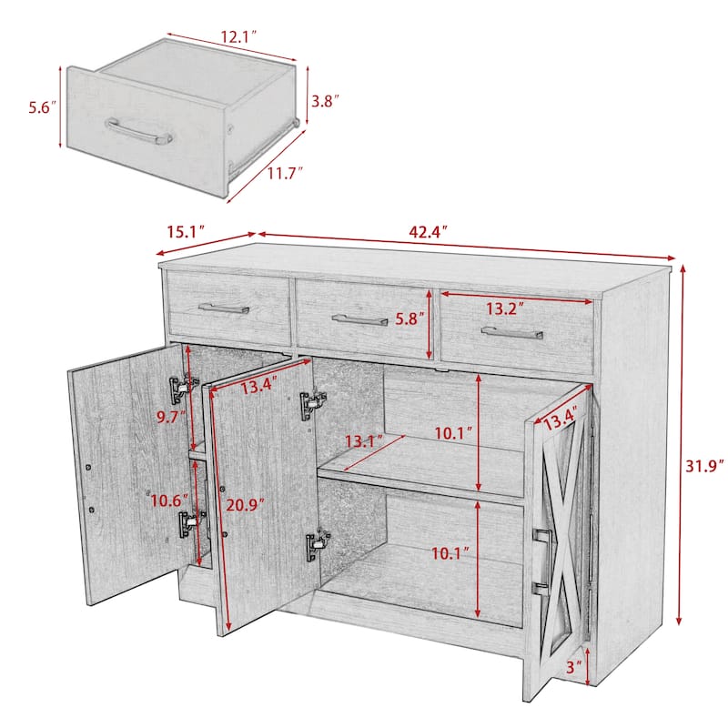 Traditional 42.4" Wide 3 Drawer Sideboard Storage Cabinet