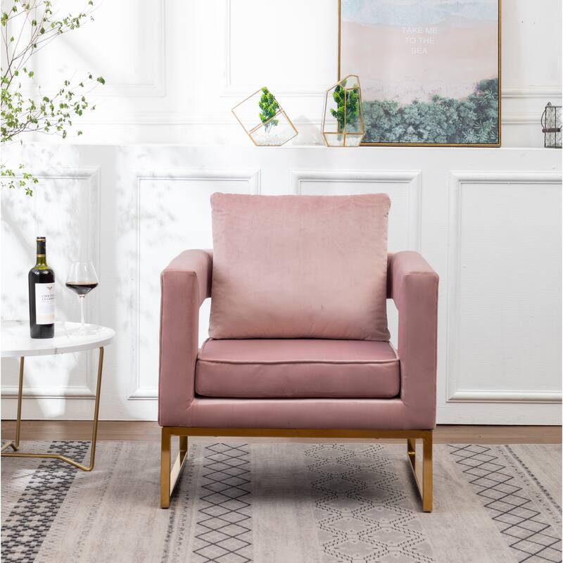 Pink Modern 29.75" Polyester Upholstered Arm Chair with Gold-Colored Metal Tube Frame