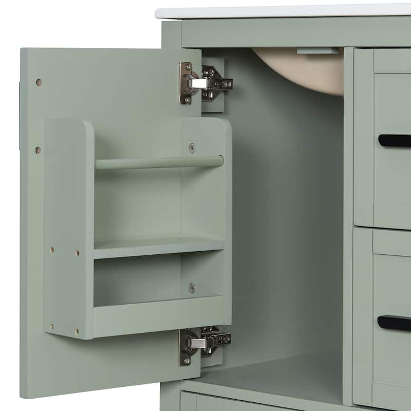 Solid Wood Frame Bathroom Vanity Cabinet with Ceramic Sink, Space-Saving 24-Inch Vanity