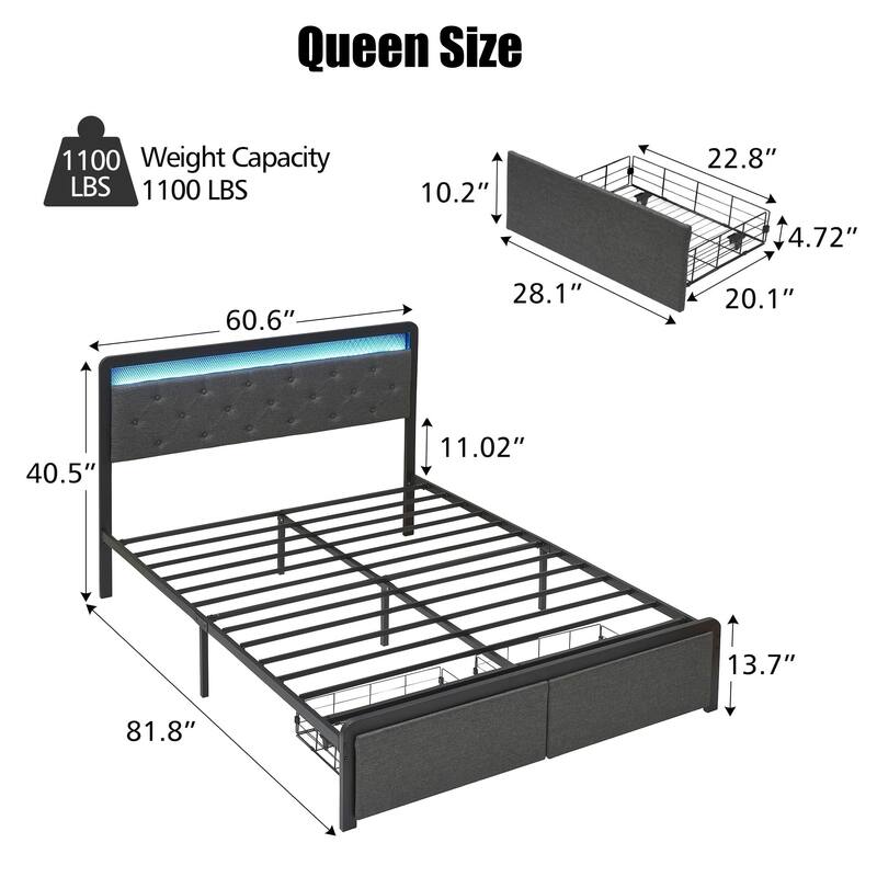 Bed Frame with LED Light and 2 Storage Drawers