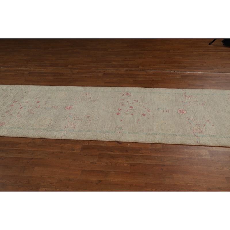 Hand Knotted Oriental 100% Wool Carpet Transitional All-Over Beige & Ivories Oushak Runner Rug - 11' 9'' X 3' 0''