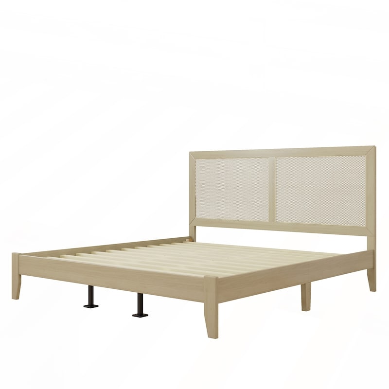 Solid Wood Platform Bed With Rattan