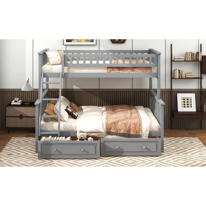 Wooden Storage Bunk Bed Frame with Fence-shaped Guardrails and Pull-out Drawers, Convertible 2 Platform Beds, Detachable Design