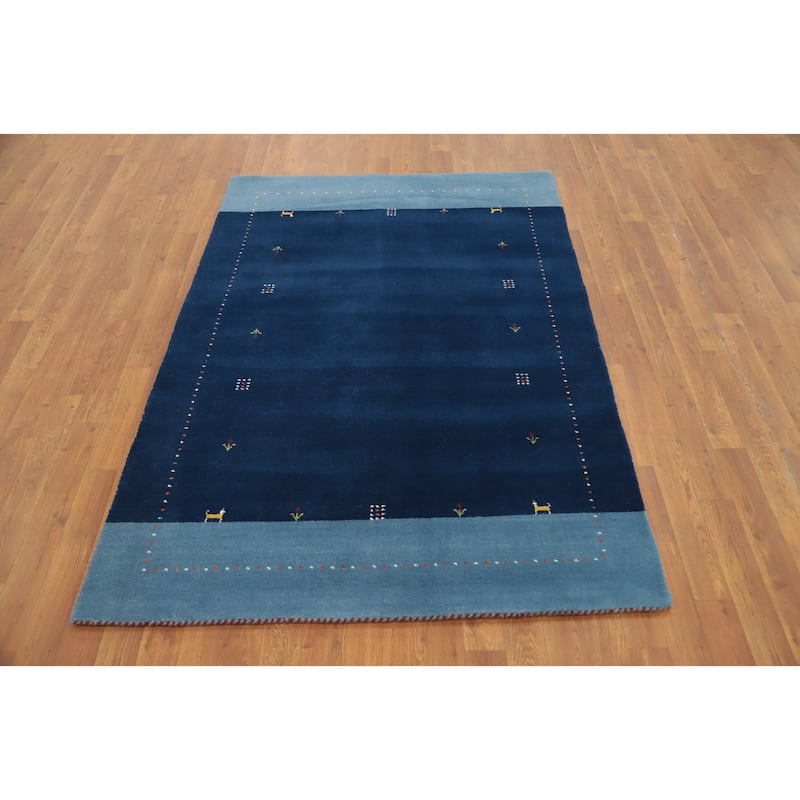 Hand Knotted Oriental 100% Wool Carpet Tribal Animal Pictorial Navy Blue & Blues Gabbeh Area Rug - 5' 9'' X 4' 2''