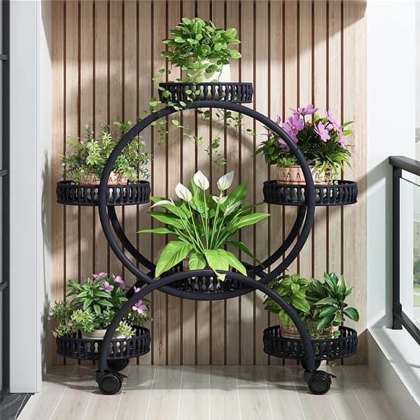 Flower Pot Holder Metal Plant Stand Shelf with 4-Wheel