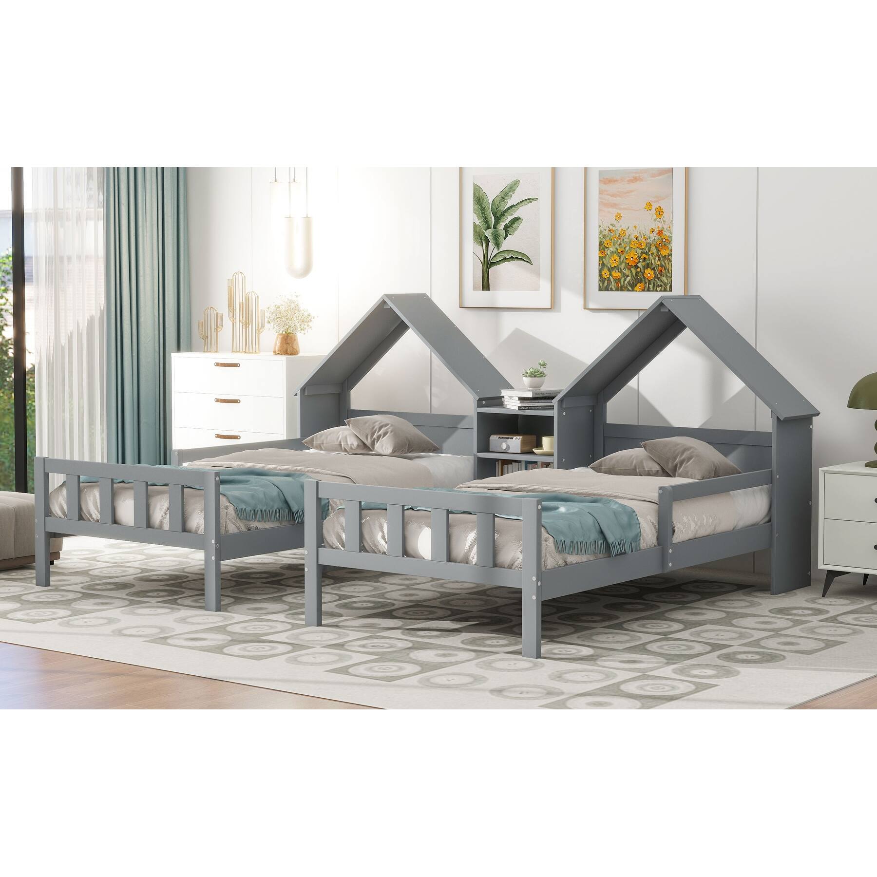 Double Twin Bed with HouseShaped Headboard and Storage Shelves, Twin