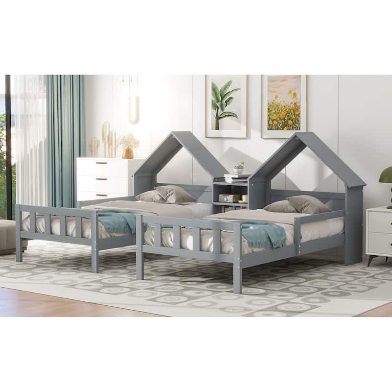 Double Twin Pine Platform Bed with House-Shaped Headboard and Nightstand