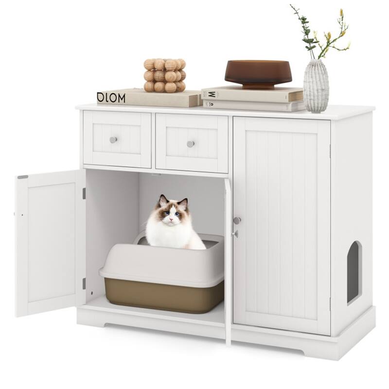 Cat Litter Box Enclosure With 2 Drawers 3 Doors White Wood