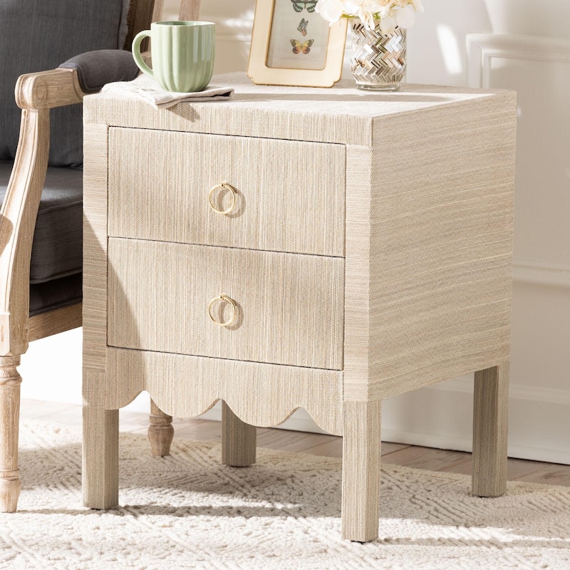Juniper Grasscloth Nightstand with Scalloped Base - Woven Texture 2-Drawer Bedside Table with Gold Ring Pulls