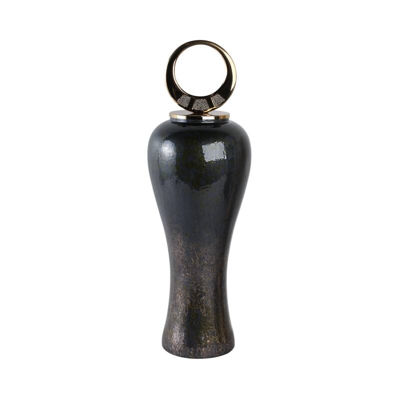 Glass Vase with Modern Sculptural Metal Brass Accent and Stone Detail