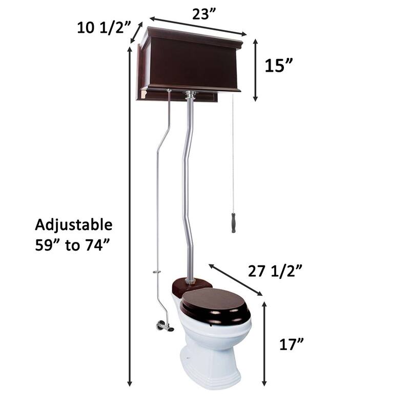 High Tank Toilet - Dark Oak Wooden Flat Tank, Elongated White Bowl and Satin Z Pipes Renovators Supply - White