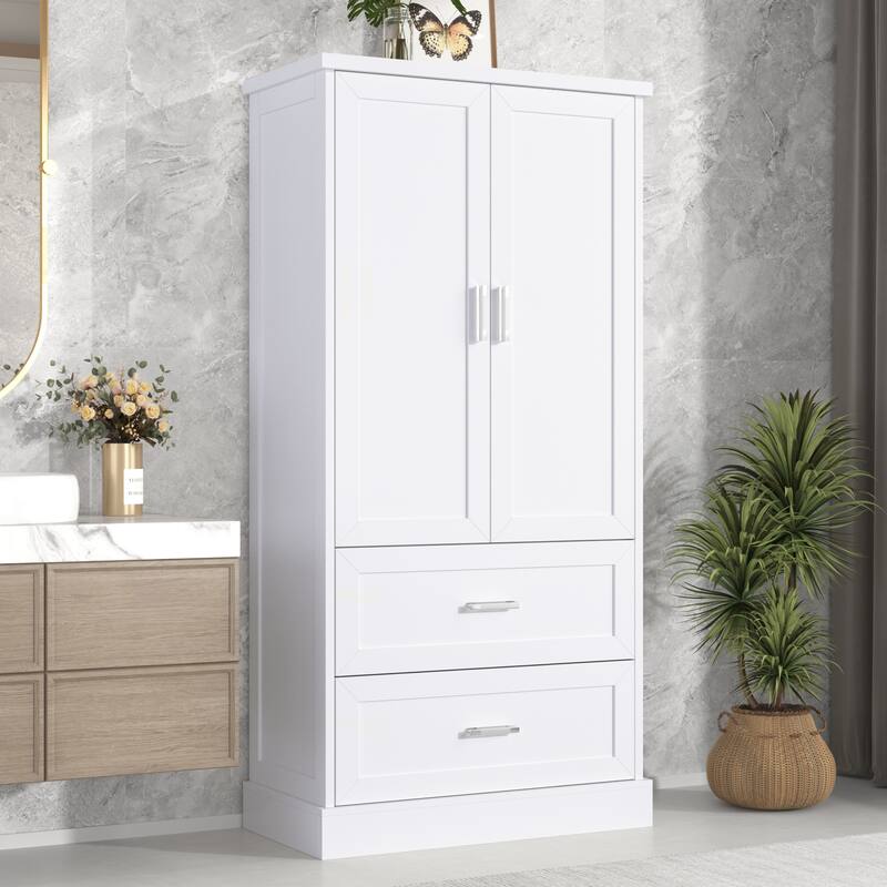 Tall Bathroom Storage Cabinet with Two Doors and Drawers, Adjustable Shelf, MDF Board