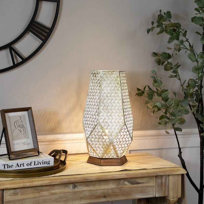 Laser-Cut Iron Table Lamp With Wooden Base - 16.75" - Gold and Brushed White - 16.75