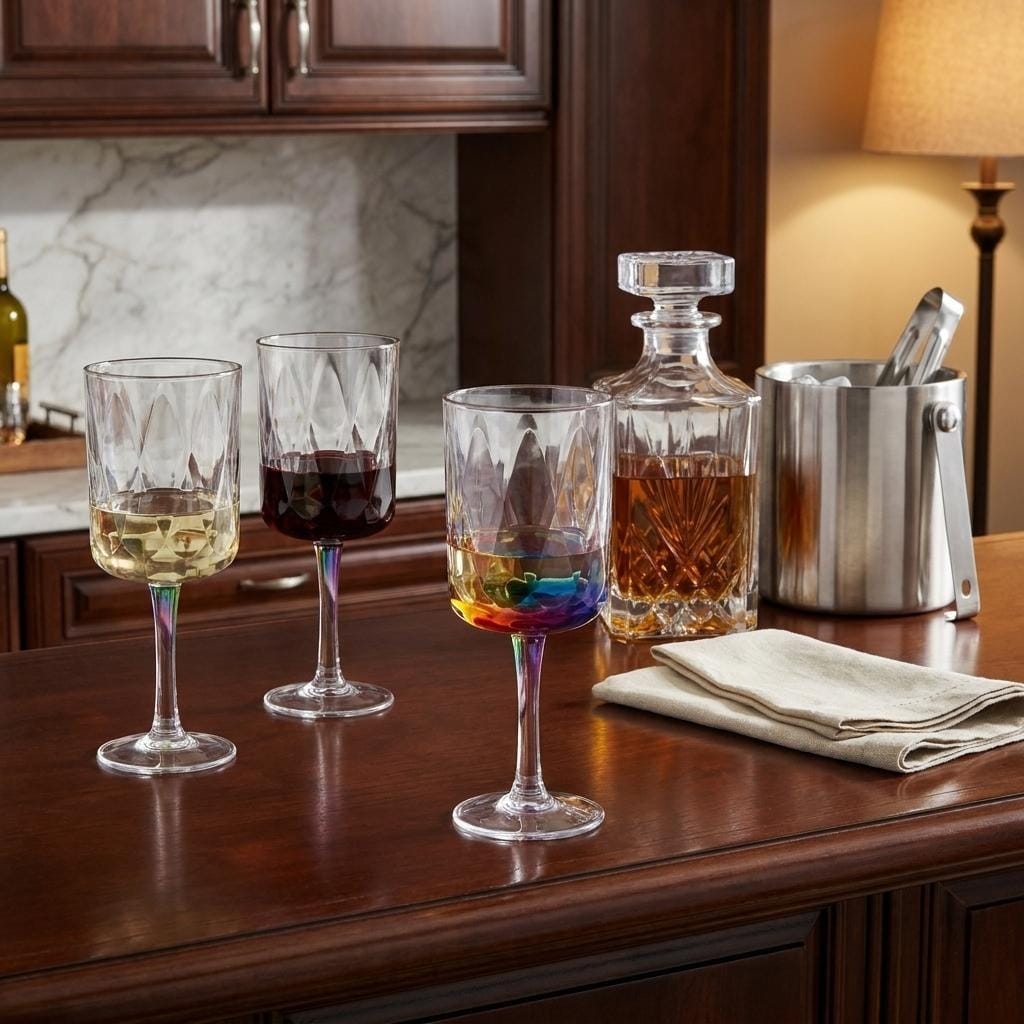 HomeRoots Set of Four Clear and Rainbow Geometric Acrylic Stemmed All Purpose Wine Glasses