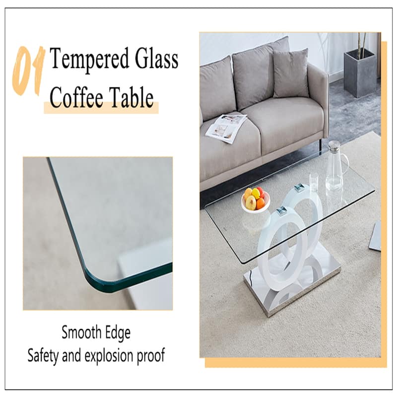 Contemporary Style Glass-Top MDF Coffee Table with White Base