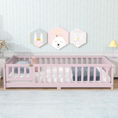 Twin Size Floor Bed with Fence and Door,Rubber Wood Floor Bed with Safety Guardrails