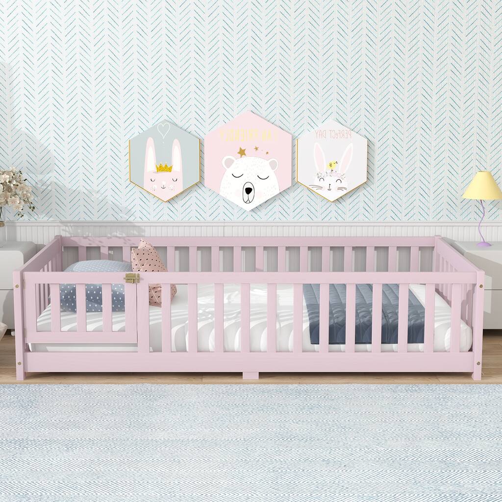 Twin Size Floor Bed with Fence and Door,Rubber Wood Floor Bed with Safety Guardrails