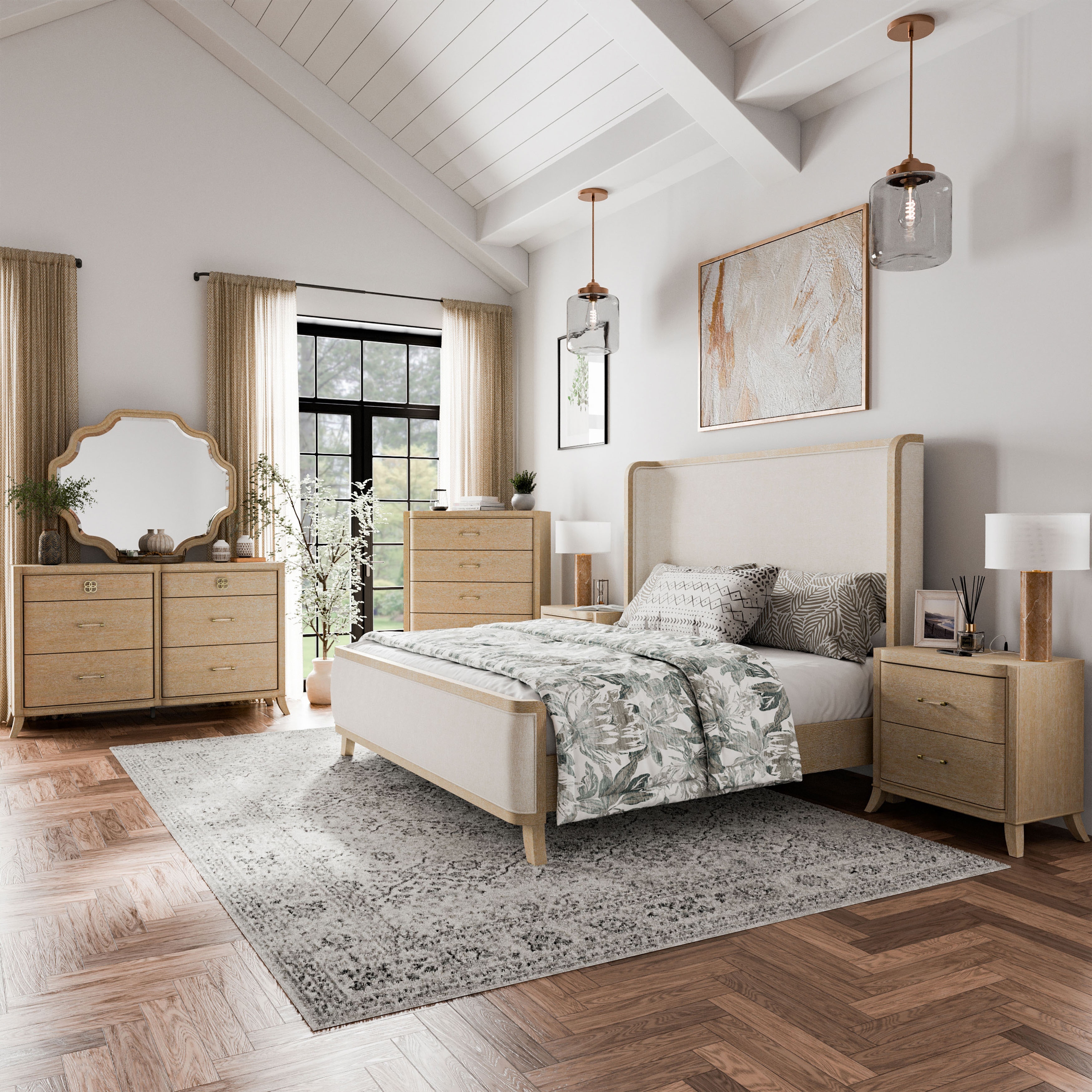 Furniture of America Kian Modern 6-Piece Natural Oak Solid Wood Panel Bedroom Set