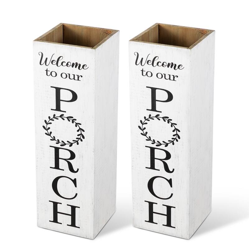 Glitzhome 24"H Double Sided Solid Wood Black White Boxed "WELCOME PORCH" Porch Sign