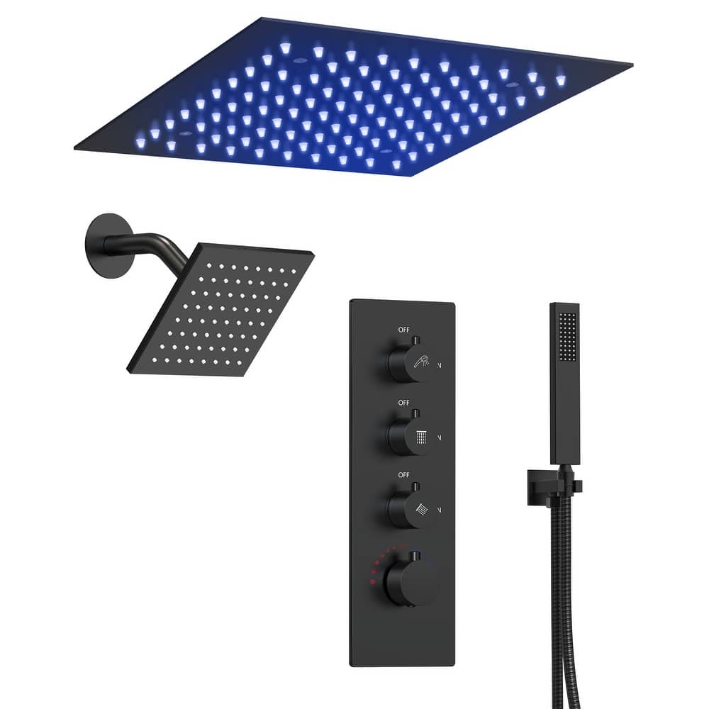 Dual LED Shower Head 12" Rainfall & 6" High Pressure Shower System w/ 4 Way Thermostatic Shower Faucet Set