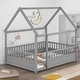 preview thumbnail 34 of 35, Wooden Floor Bed with House Roof Frame and Guardrails