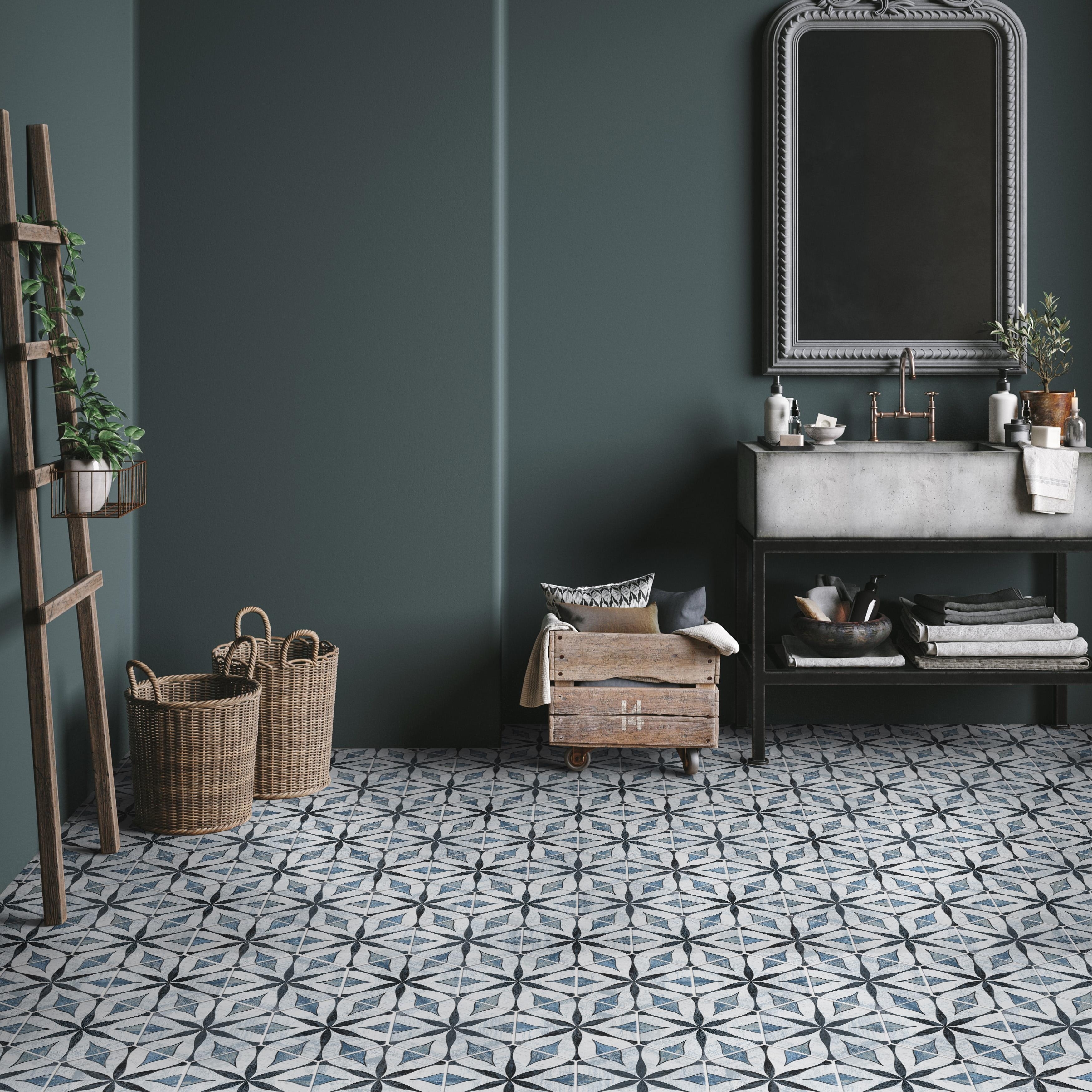 Cassis Hex Flower Black 8-1/2" x 9-3/4" Porcelain Floor and Wall Tile