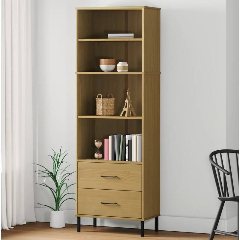 vidaXL Bookshelf Book Cabinet with 2 Drawers Storage Cabinet OSLO Solid Wood - 23.6" x 13.8" x 70.9" - Brown