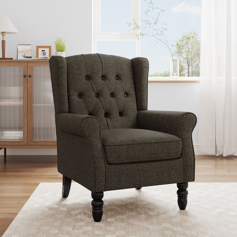 Modern Button Tufted Wingback Accent Chair Upholstered Armchair - Taupe-Chenille