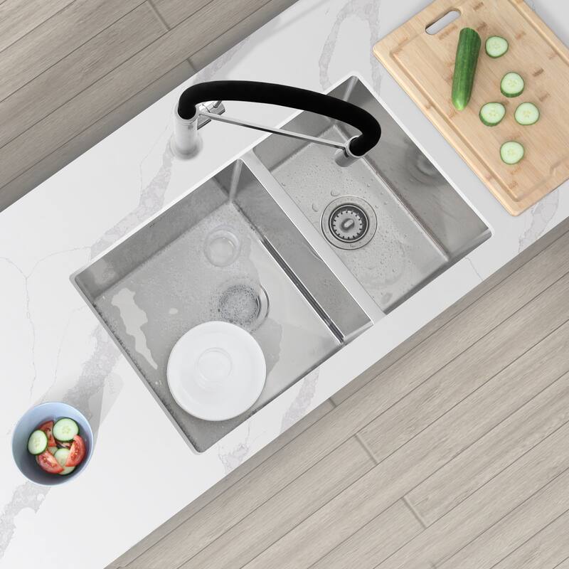 stylish 28 inches L x 18 inches W Double Bowl 60/40 Reversible Undermount Stainless Steel Kitchen Sink with Strainers