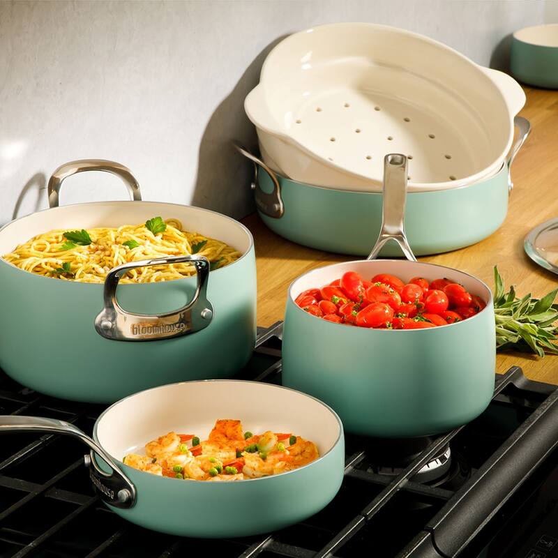 Bloomhouse 12 Piece Aluminum Enamel Cookware Set w/ Non-stick Non-toxic Ceramic Interior and Ceramic Steamer Insert